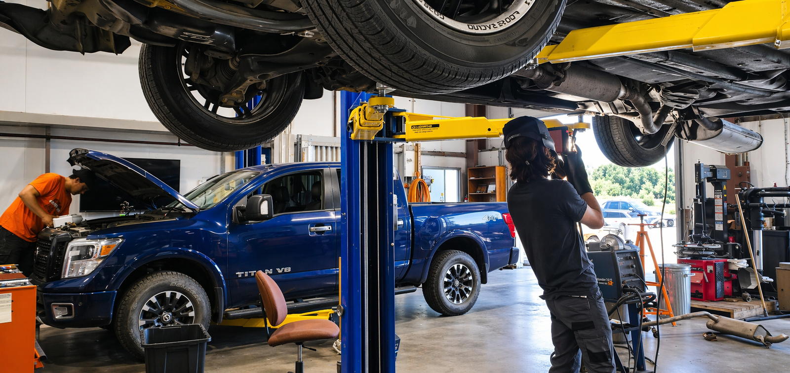 Pickup truck undergoing mechanical repair inside the service shop